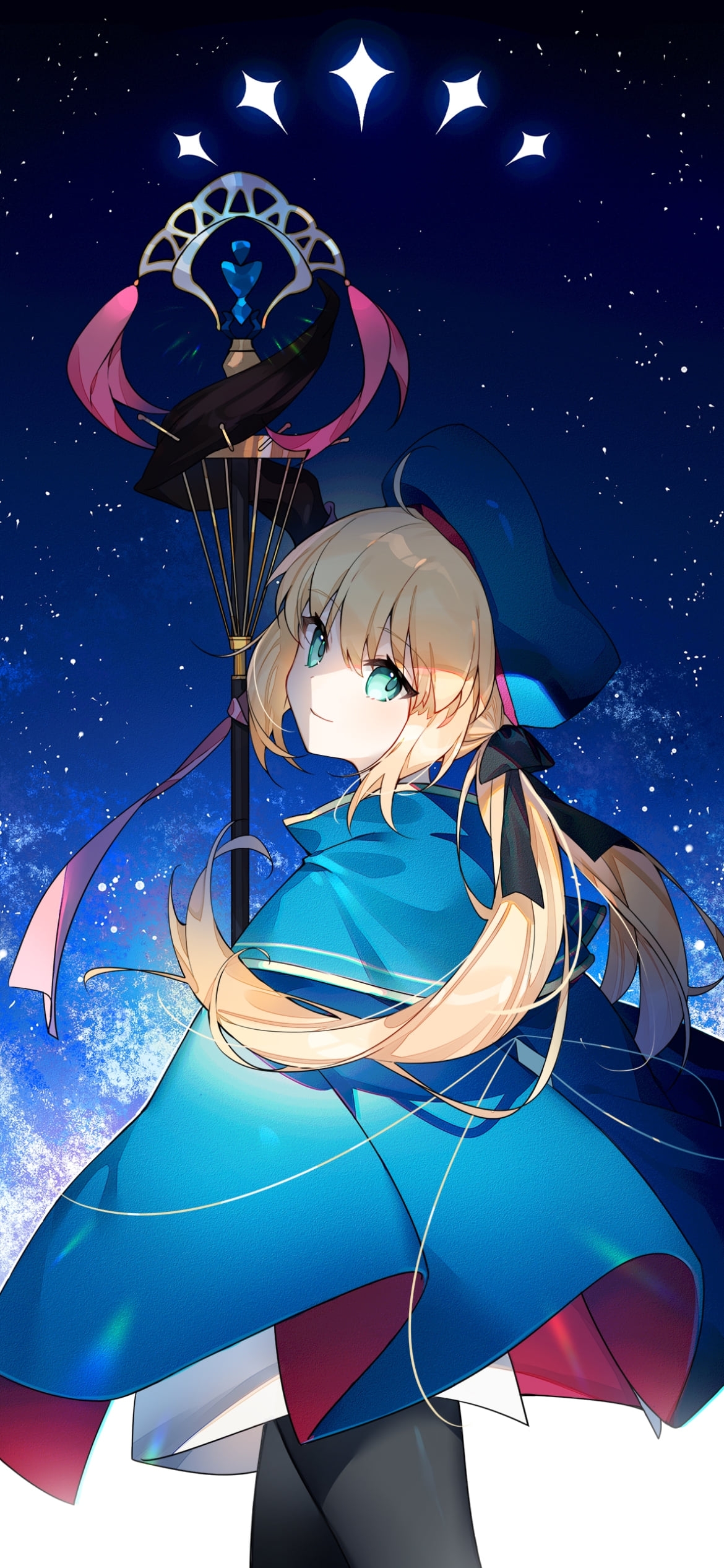 大きな杖を持ち振り返るアルトリア・ペンドラゴン / アルトリア・キャスター / 銀河 / 星空 / fate/grand orderの1170 x 2532 / スマホ壁紙