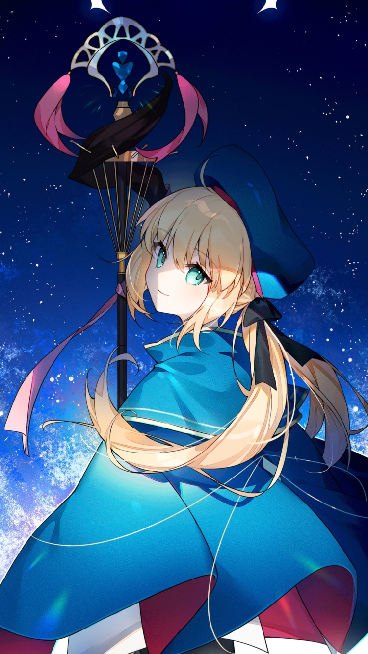 大きな杖を持ち振り返るアルトリア・ペンドラゴン / アルトリア・キャスター / 銀河 / 星空 / fate/grand orderの750 x 1334 / スマホ壁紙