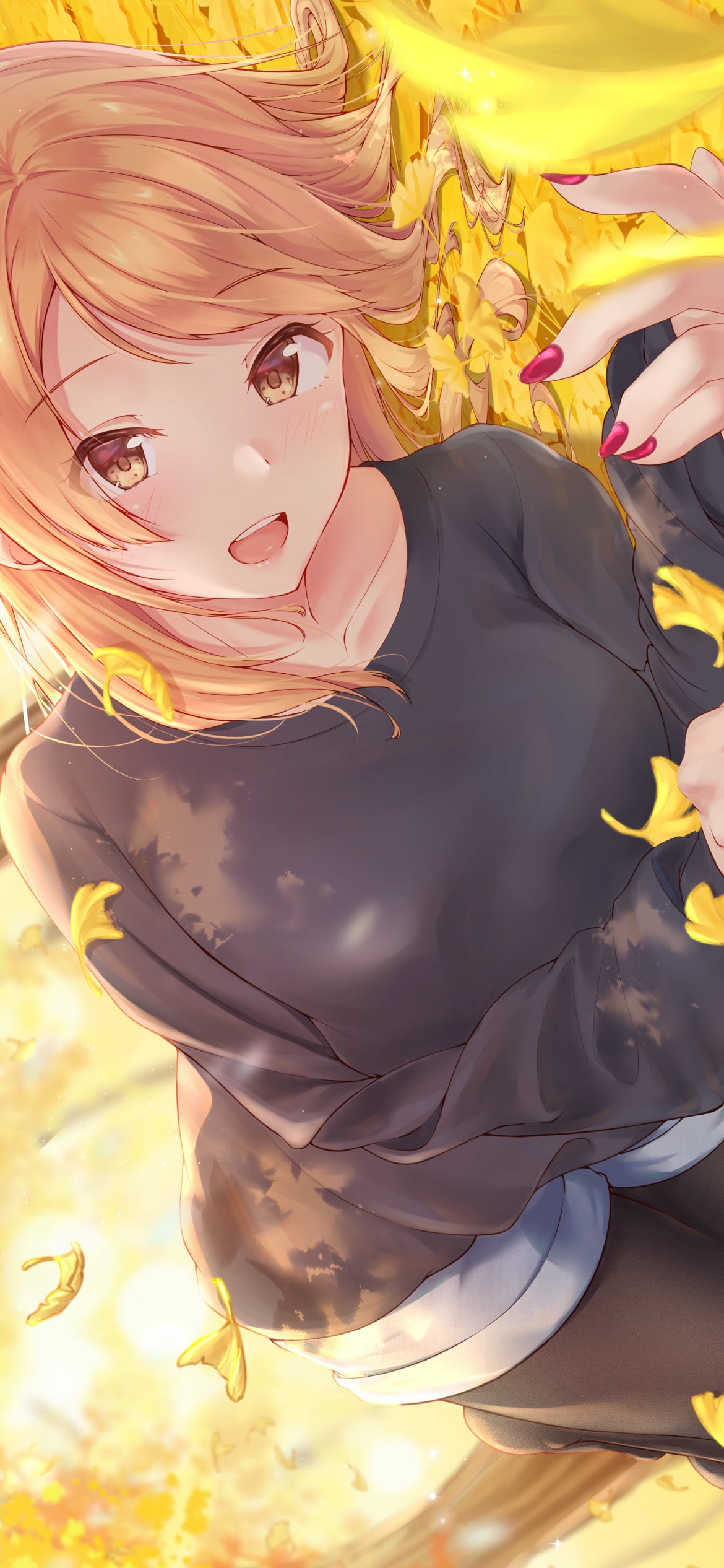 黄色い銀杏の葉の絨毯に寝そべる可愛い北条加蓮 / アイドルマスターシンデレラガールズの1170 x 2532 / スマホ壁紙