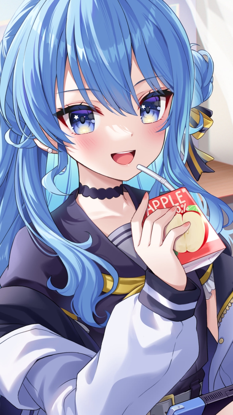 窓際でりんごジュースを飲みゲームをする星街すいせい / ホロライブ / バーチャルYouTuber / Vtuberの750 x 1334 / スマホ壁紙