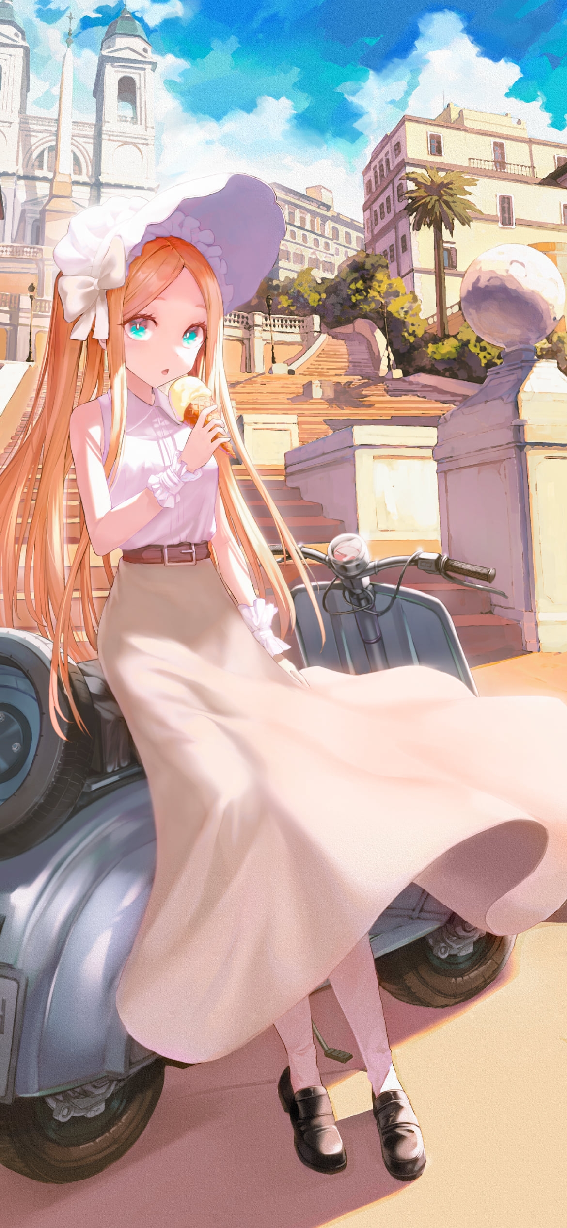 バイクに乗ってアイスを食べるアビゲイル・ウィリアムズ / ローマの休日 / fate/grand orderの1170 x 2532 / スマホ壁紙