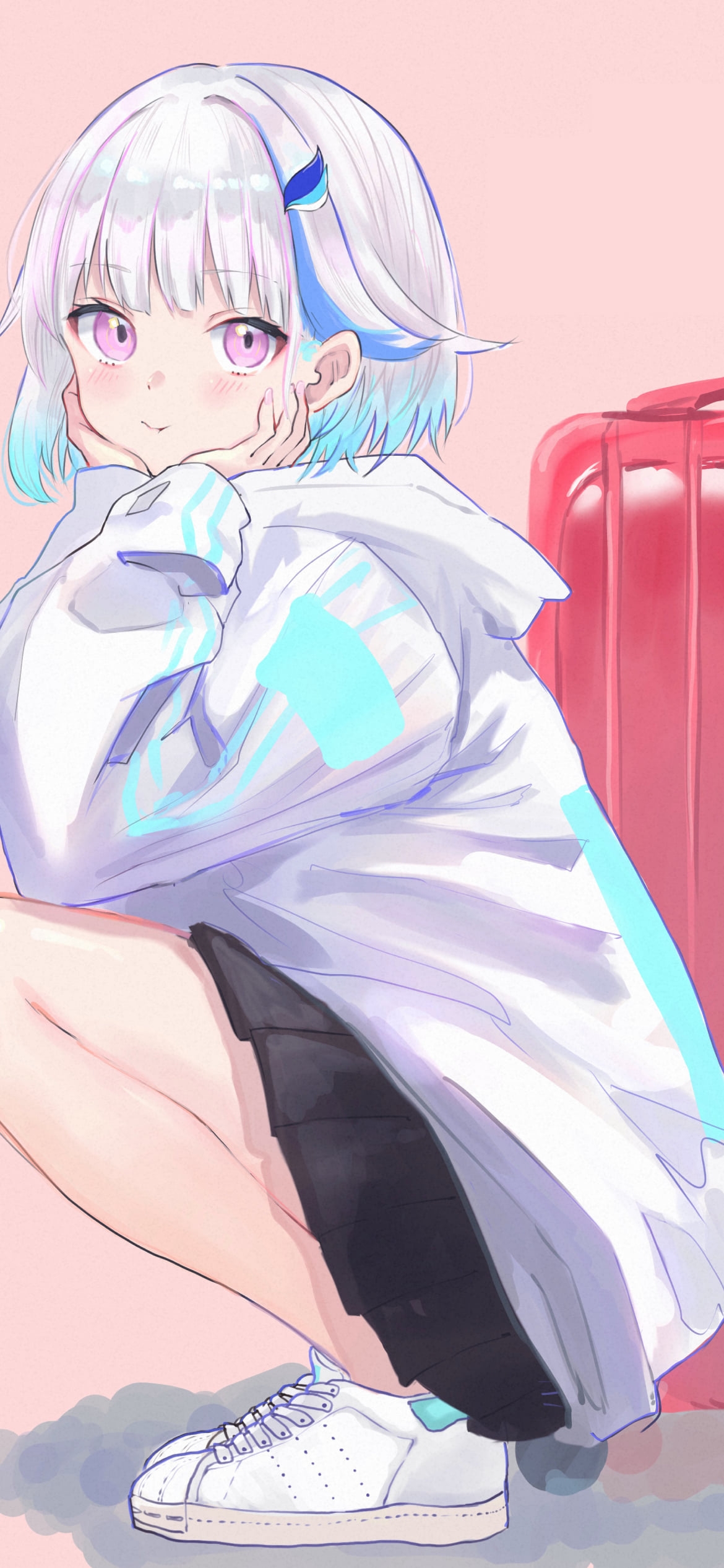赤いスーツケースとしゃがんでいるリゼ・ヘルエスタ / にじさんじ / バーチャルYouTuber / Vtuberの1170 x 2532 / スマホ壁紙