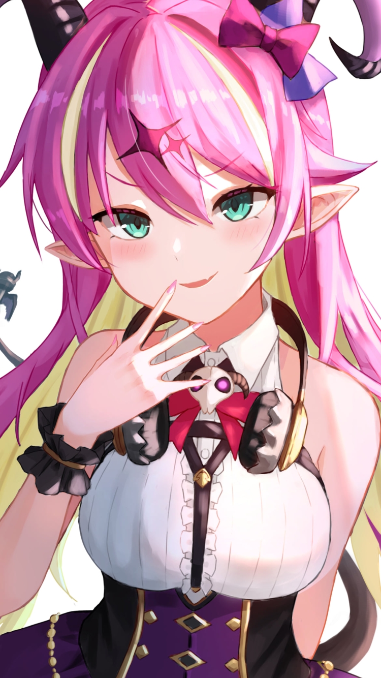 手を口元にあてて微笑む魔乃アロエ / ホロライブ / バーチャルYouTuber / Vtuberの750 x 1334 / スマホ壁紙
