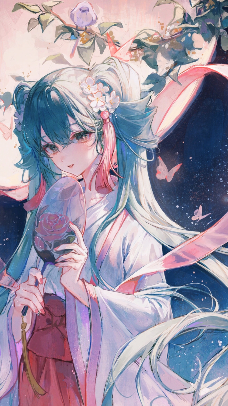 団扇を持つ天女姿の初音ミク / 月 / ボカロ / ボーカロイドの750 x 1334 / スマホ壁紙