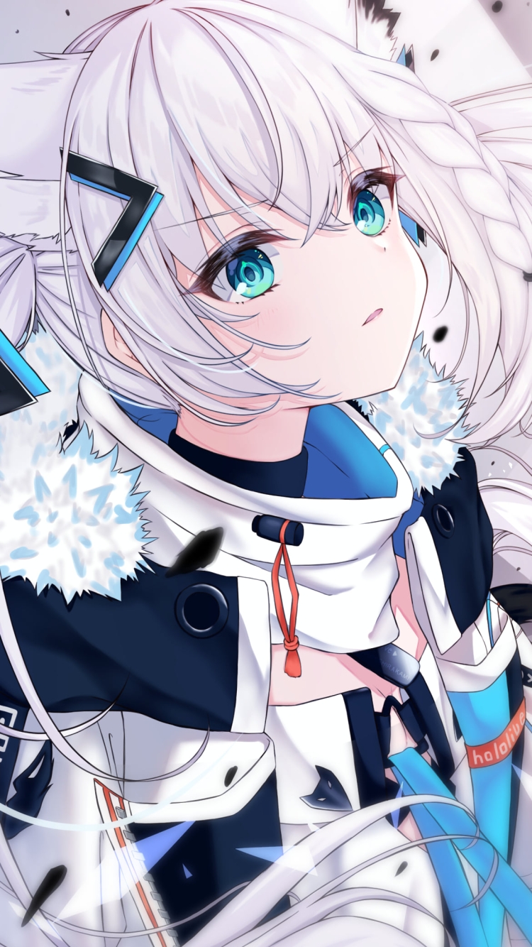 斜め上を見つめる白上フブキ / ホロライブ / バーチャルYouTuber / Vtuberの750 x 1334 / スマホ壁紙