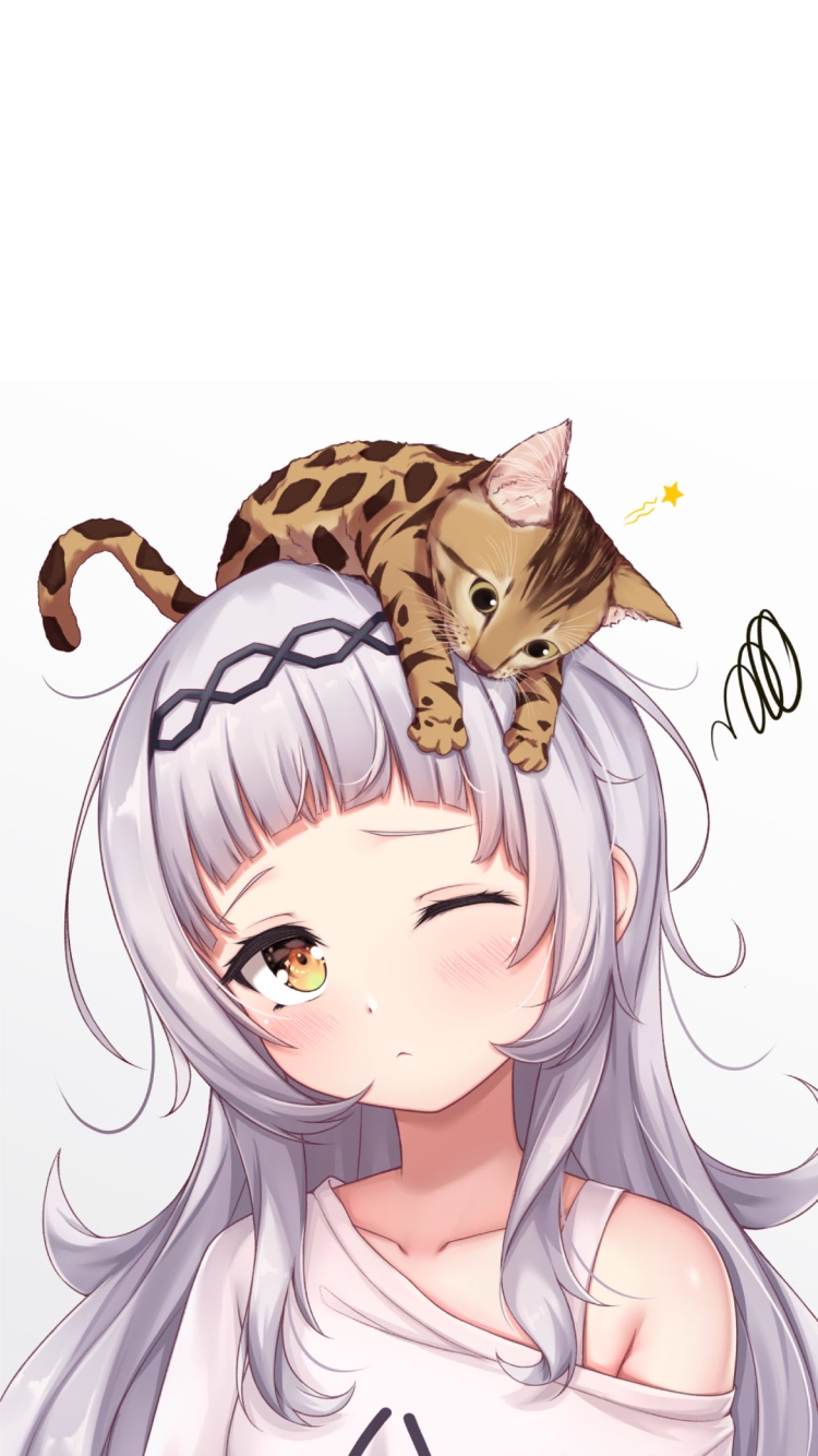 頭に猫を乗せた眠そうな紫咲シオン / ホロライブ / バーチャルYouTuber / Vtuberの750 x 1334 / スマホ壁紙