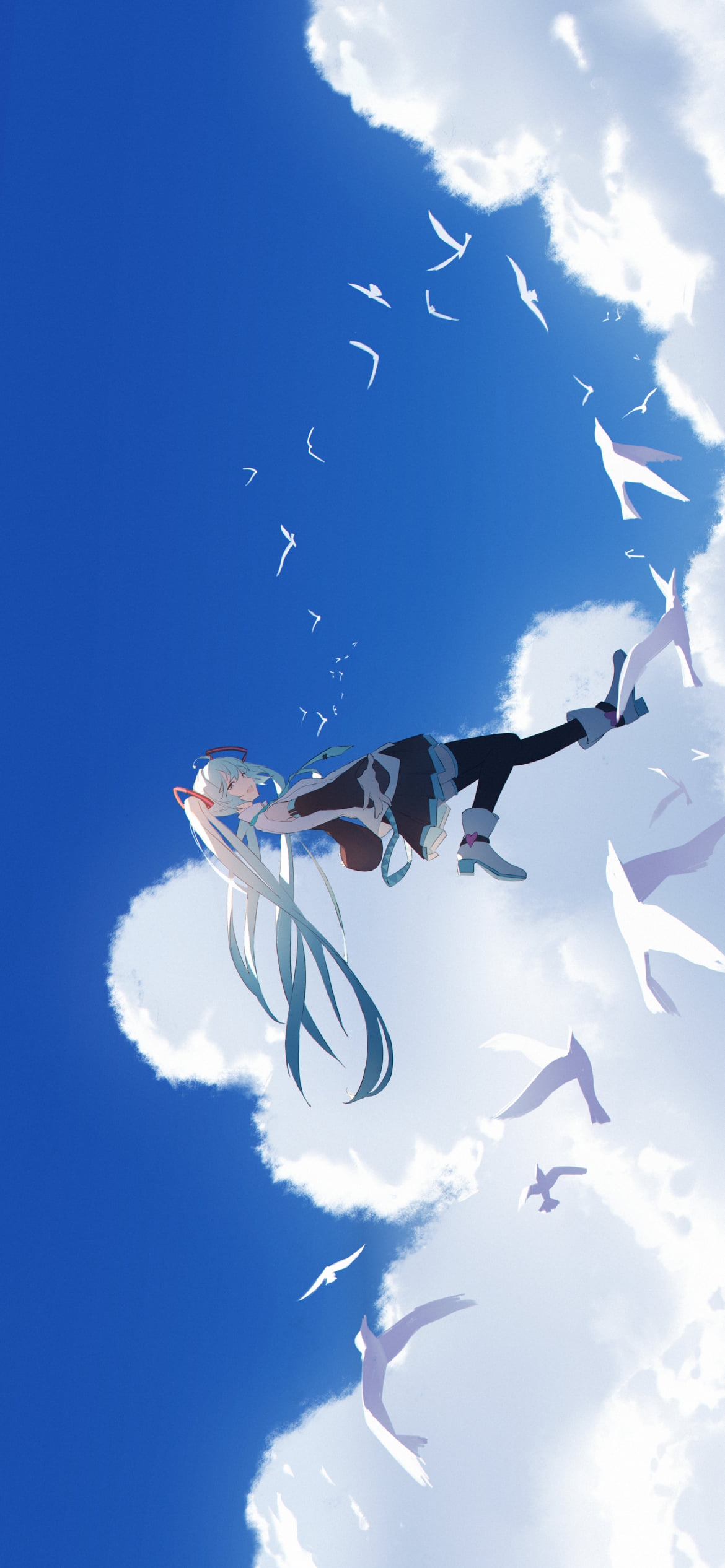 白い鳥と空飛ぶ初音ミク / ボカロ / ボーカロイドの1170 x 2532 / スマホ壁紙