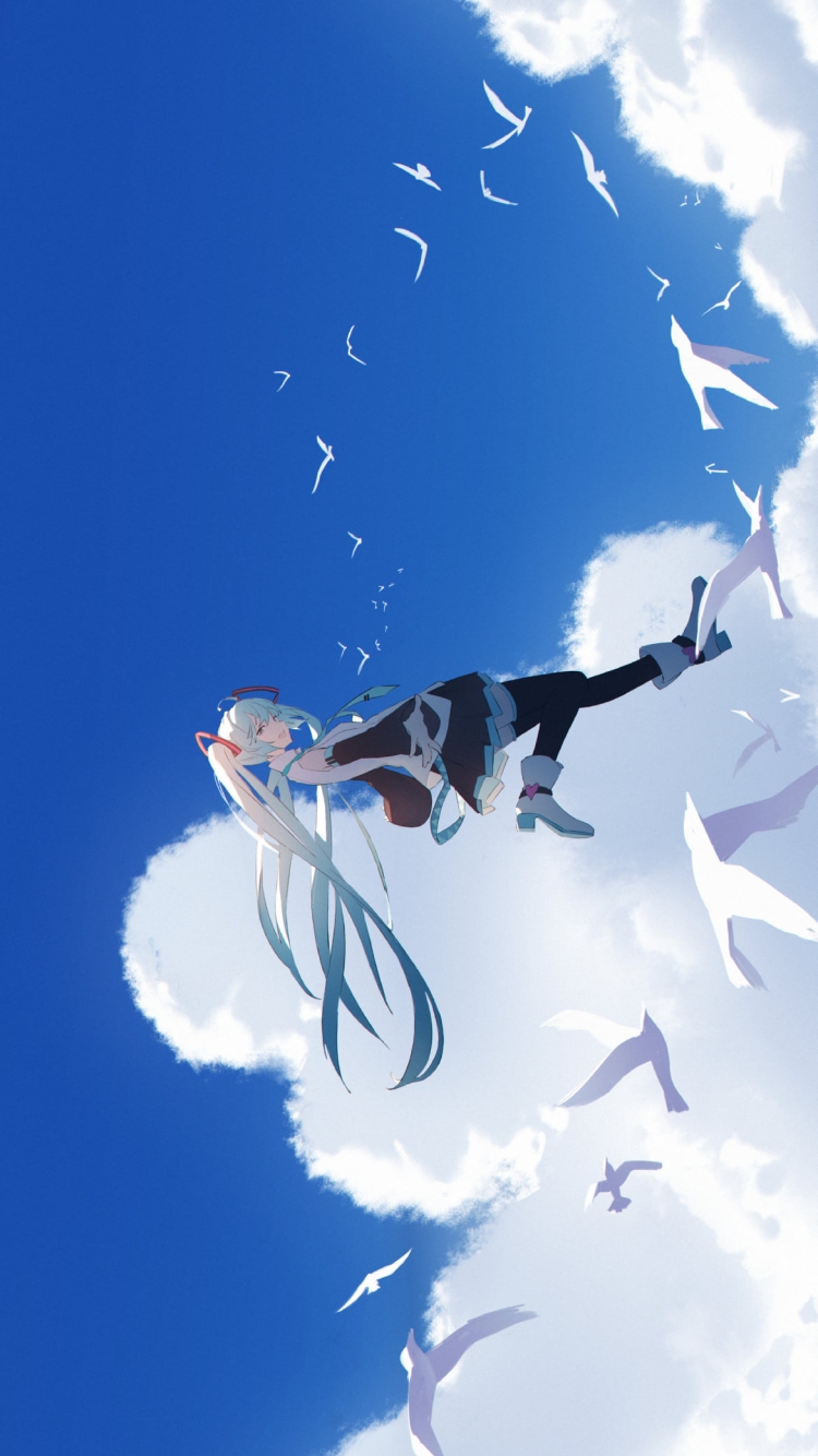 白い鳥と空飛ぶ初音ミク / ボカロ / ボーカロイドの750 x 1334 / スマホ壁紙