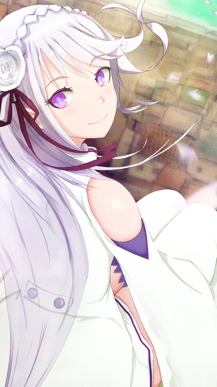 こちらに振り返る座っているエミリア / RE:ゼロから始める異世界生活の750 x 1334 / スマホ壁紙