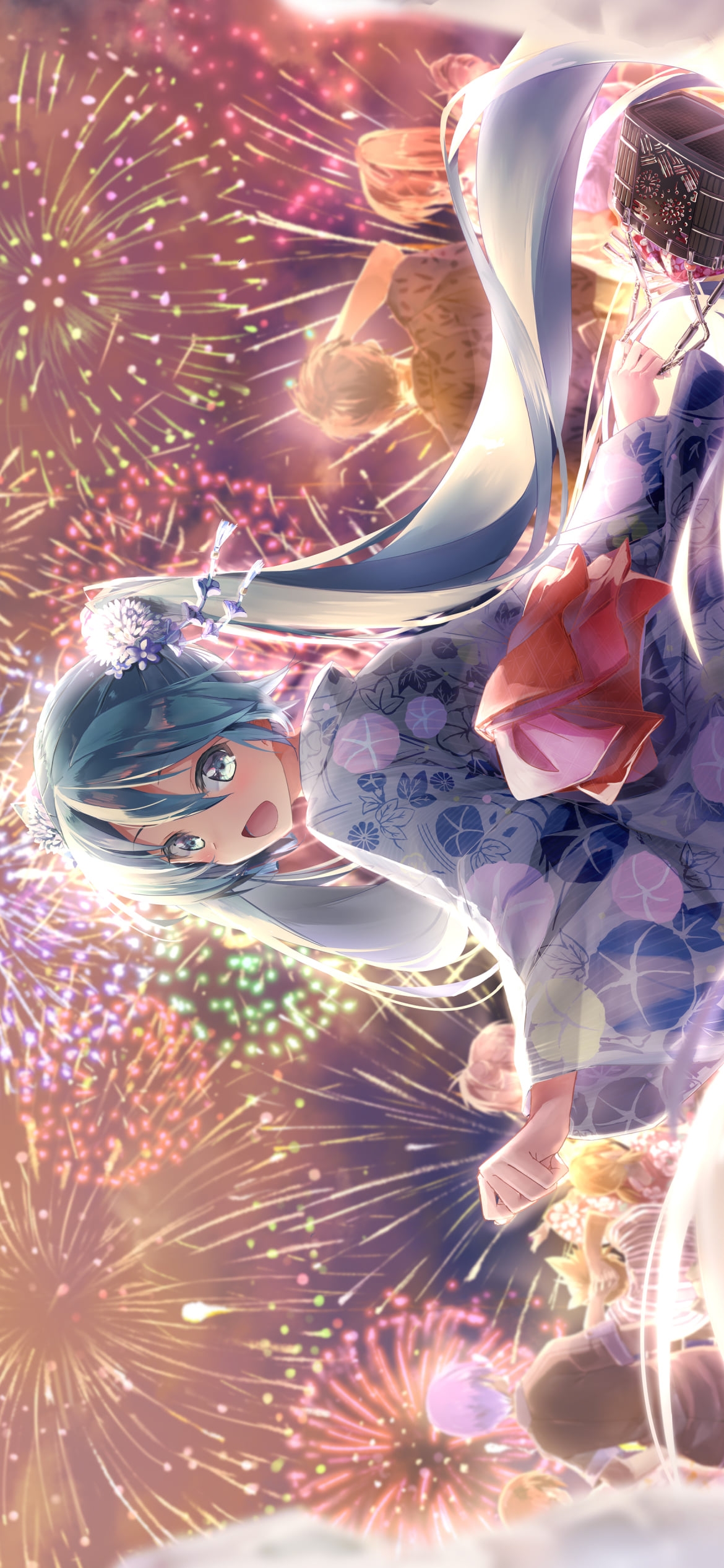 綺麗な花火と浴衣を着て振り返る可愛い初音ミク / ボカロ / ボーカロイドの1170 x 2532 / スマホ壁紙