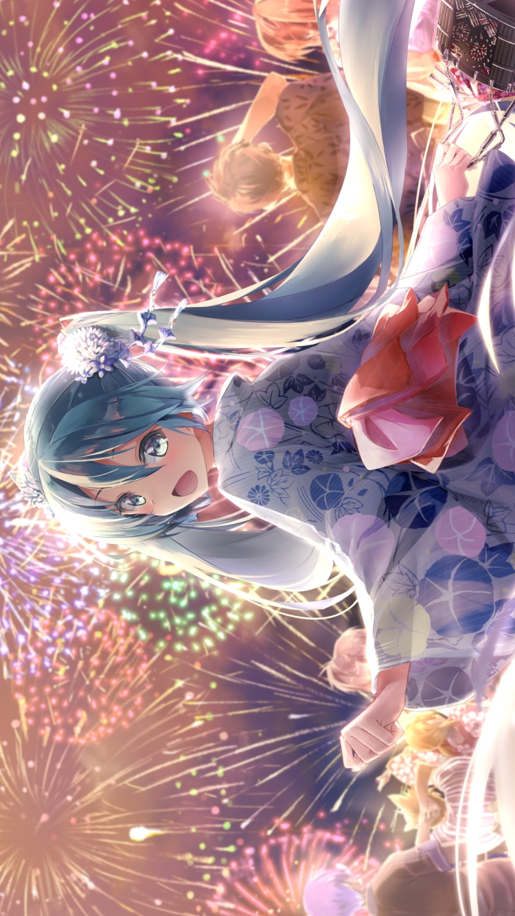 綺麗な花火と浴衣を着て振り返る可愛い初音ミク / ボカロ / ボーカロイドの750 x 1334 / スマホ壁紙