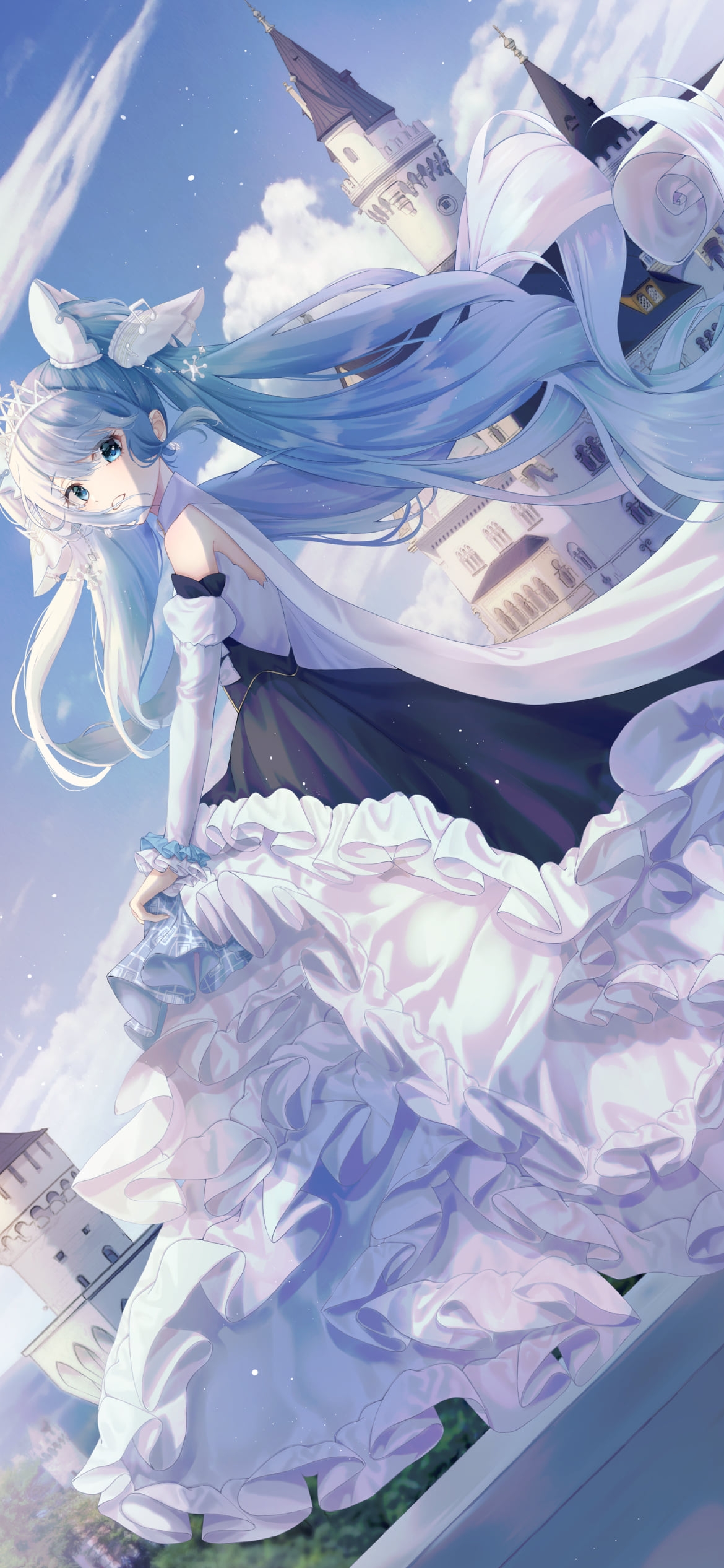 西欧風のお城とドレスを着た綺麗な初音ミク / ボカロ / ボーカロイドの1170 x 2532 / スマホ壁紙