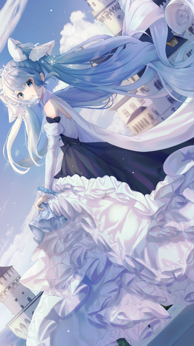 西欧風のお城とドレスを着た綺麗な初音ミク / ボカロ / ボーカロイドの750 x 1334 / スマホ壁紙