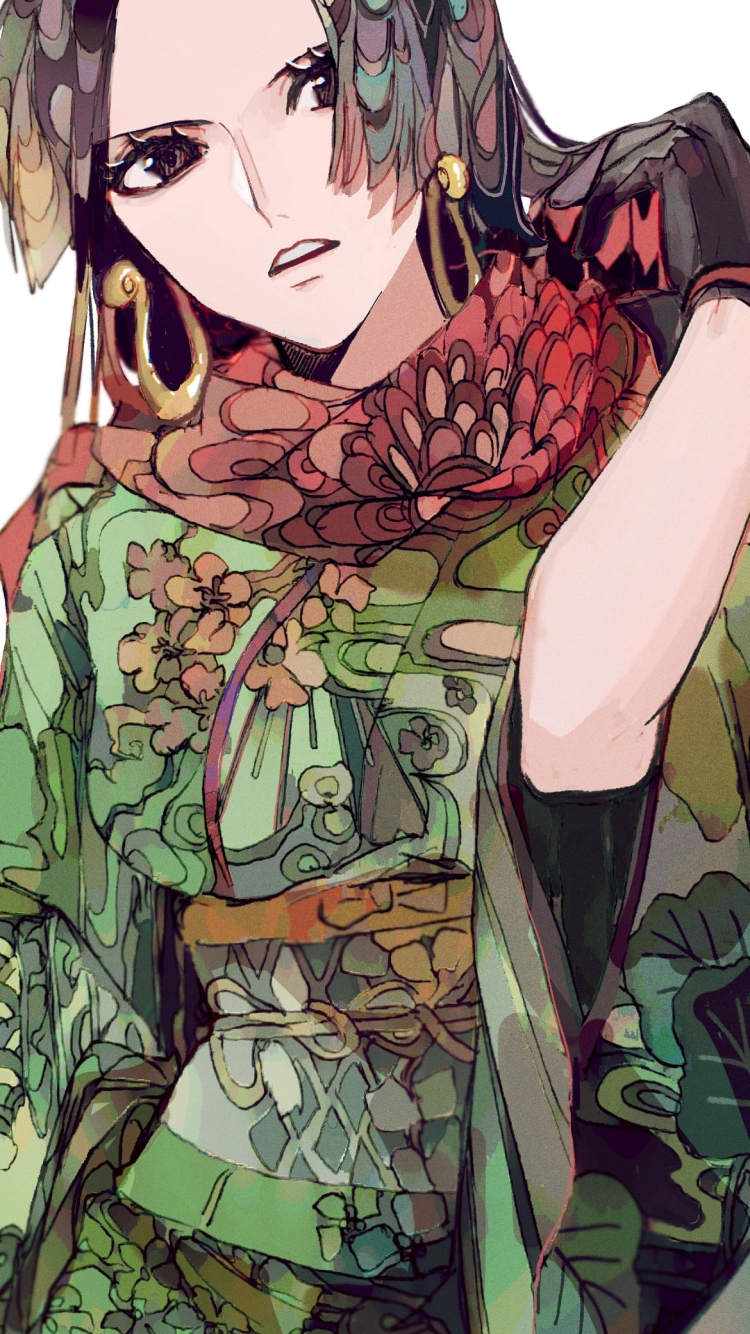 緑の着物を着た綺麗なボア・ハンコック / 大きなイヤリング / 赤いスカーフ / ワンピース / ONE PIECEの750 x 1334 / スマホ壁紙