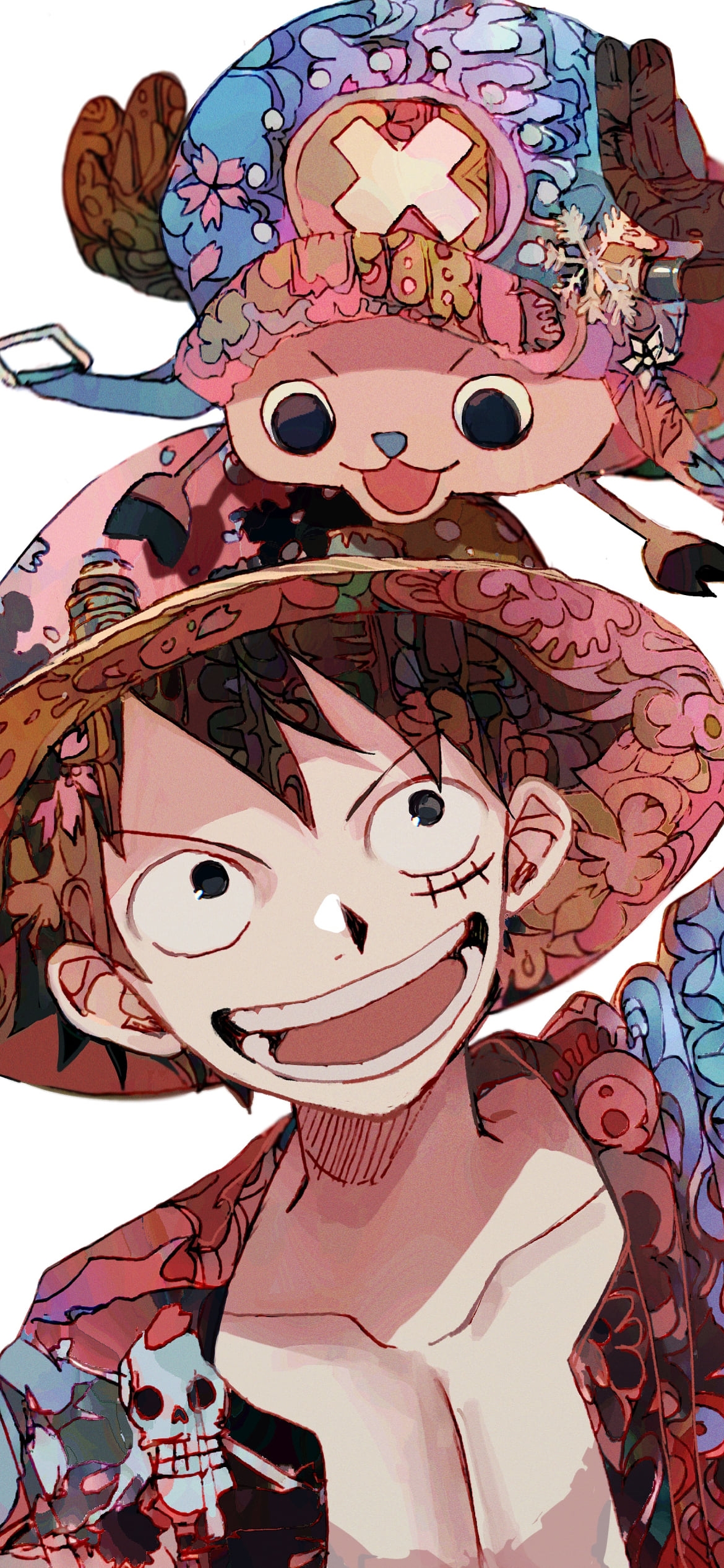 笑顔のモンキー・d・ルフィとトニートニー・チョッパー / 水彩 / ワンピース / ONE PIECEの1170 x 2532 / スマホ壁紙