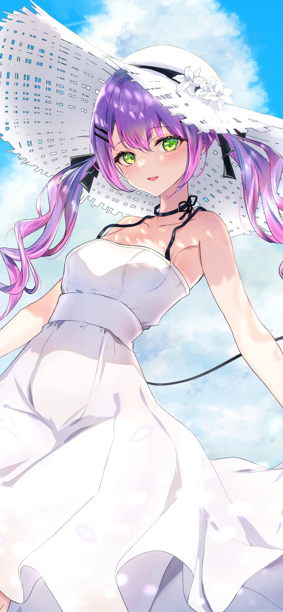 青空の下、白い帽子を被った可愛い常闇トワ / ホロライブ / バーチャルYouTuber / Vtuberの1170 x 2532 / スマホ壁紙
