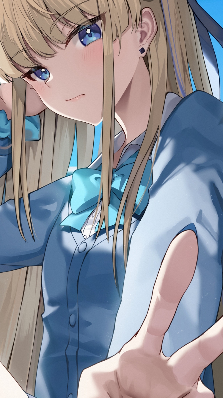 青空の下、ピースをする可愛い飛鳥馬トキ (あすまとき) / ブルアカ / ブルーアーカイブの750 x 1334 / スマホ壁紙