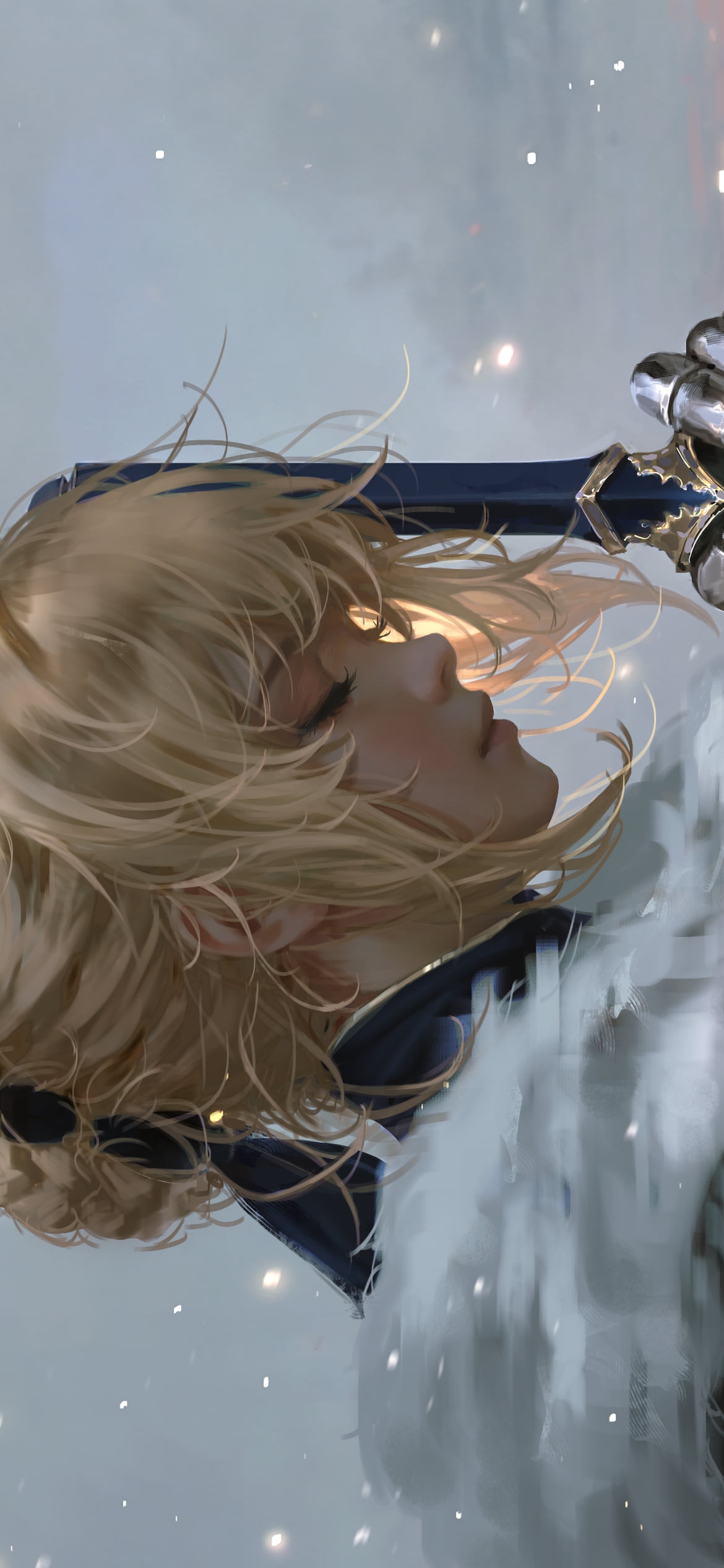 雪の中、青い剣を持ち目をつぶるアルトリア・ペンドラゴン / セイバー / リアリスティック / フェイト／ステイナイト / Fateの1170 x 2532 / スマホ壁紙
