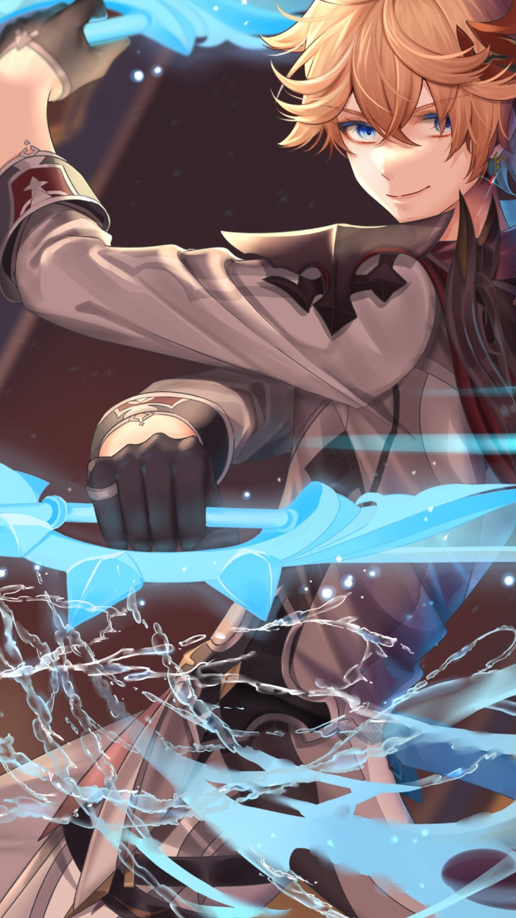 両手に青い剣を持つタルタリヤ / 二刀流 / 原神の750 x 1334 / スマホ壁紙