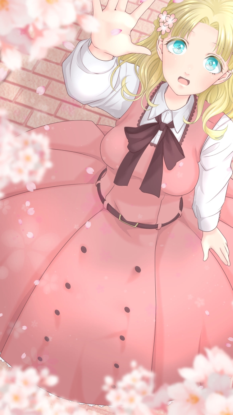桜の花に手をかざすマリア・キャンベル / 乙女ゲームの破滅フラグしかない悪役令嬢に転生してしまったの750 x 1334 / スマホ壁紙