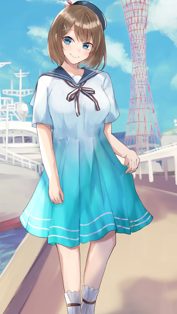 港と摩耶 / 白い船 / 艦隊これくしょんの750 x 1334 / スマホ壁紙