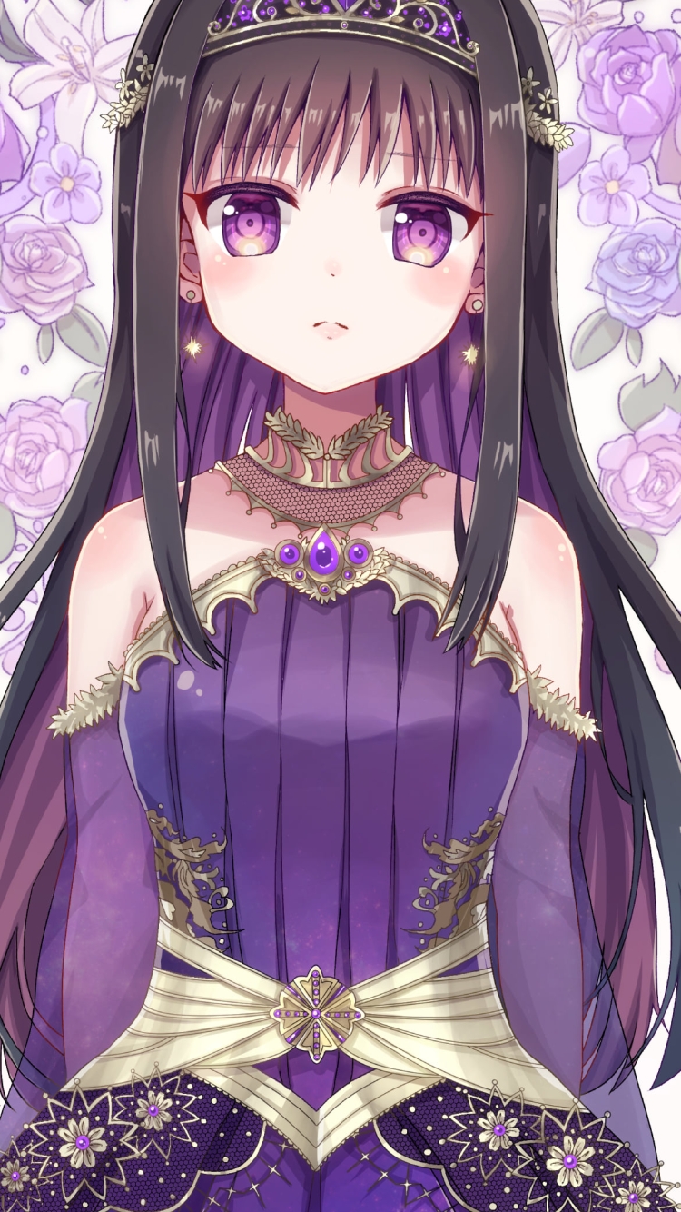 ティアラをつけた可愛い暁美ほむら / 紫のドレス / 魔法少女まどか☆マギカの750 x 1334 / スマホ壁紙