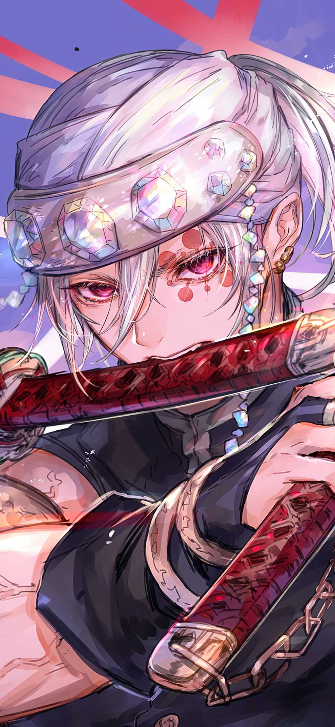 刀を咥えるかっこいい宇髄 天元 / 二刀流 / 音柱 / Tengen Uzui / 鬼滅の刃の1170 x 2532 / スマホ壁紙
