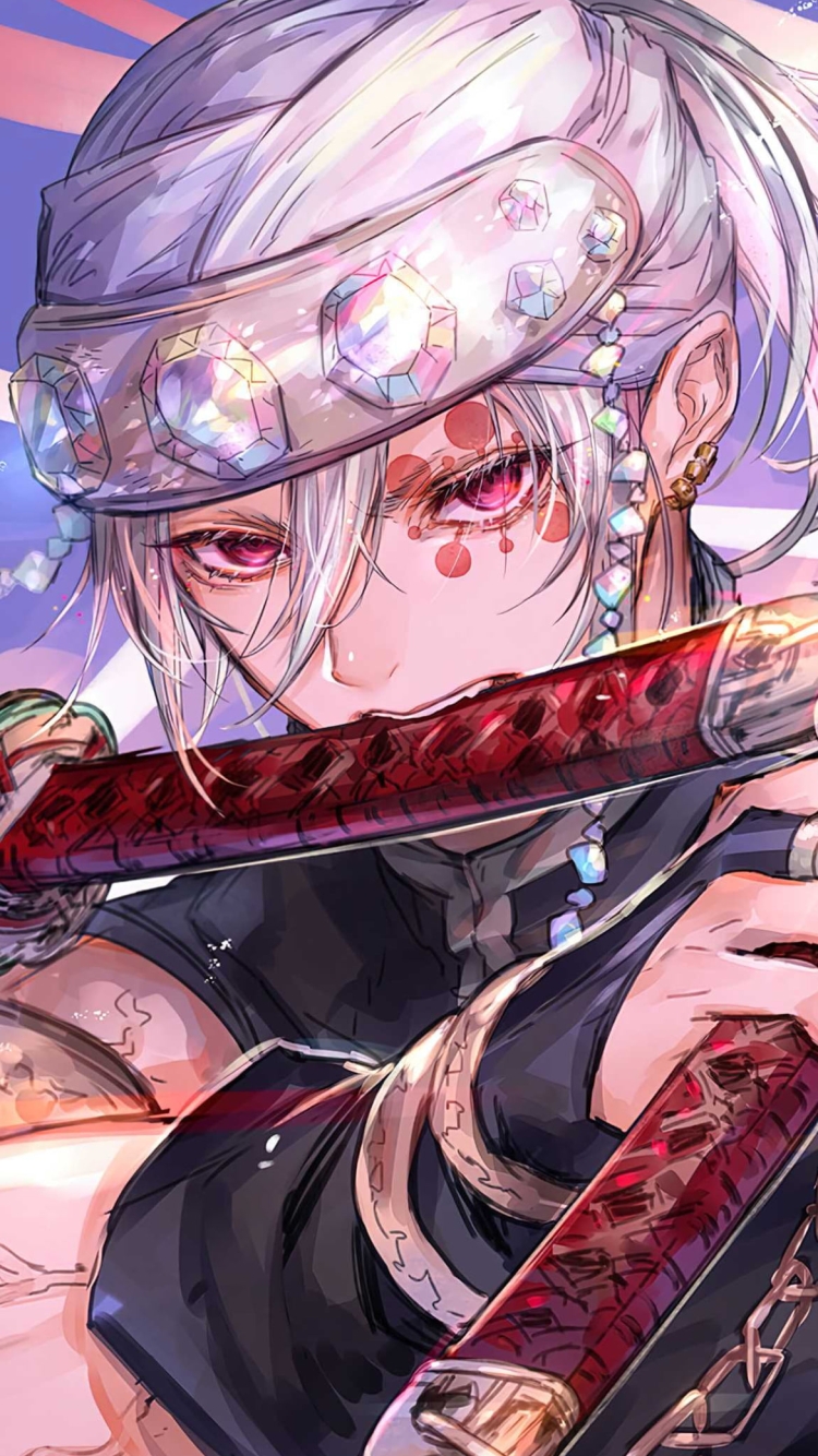 刀を咥えるかっこいい宇髄 天元 / 二刀流 / 音柱 / Tengen Uzui / 鬼滅の刃の750 x 1334 / スマホ壁紙