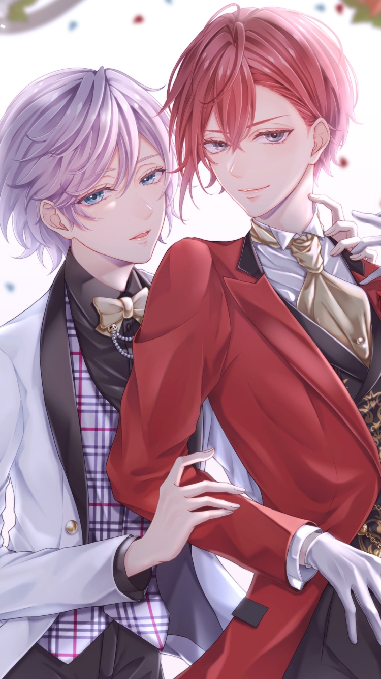 腕を組むリドル・ローズハートとエペル・フェルミエ / ツイステッドワンダーランドの750 x 1334 / スマホ壁紙