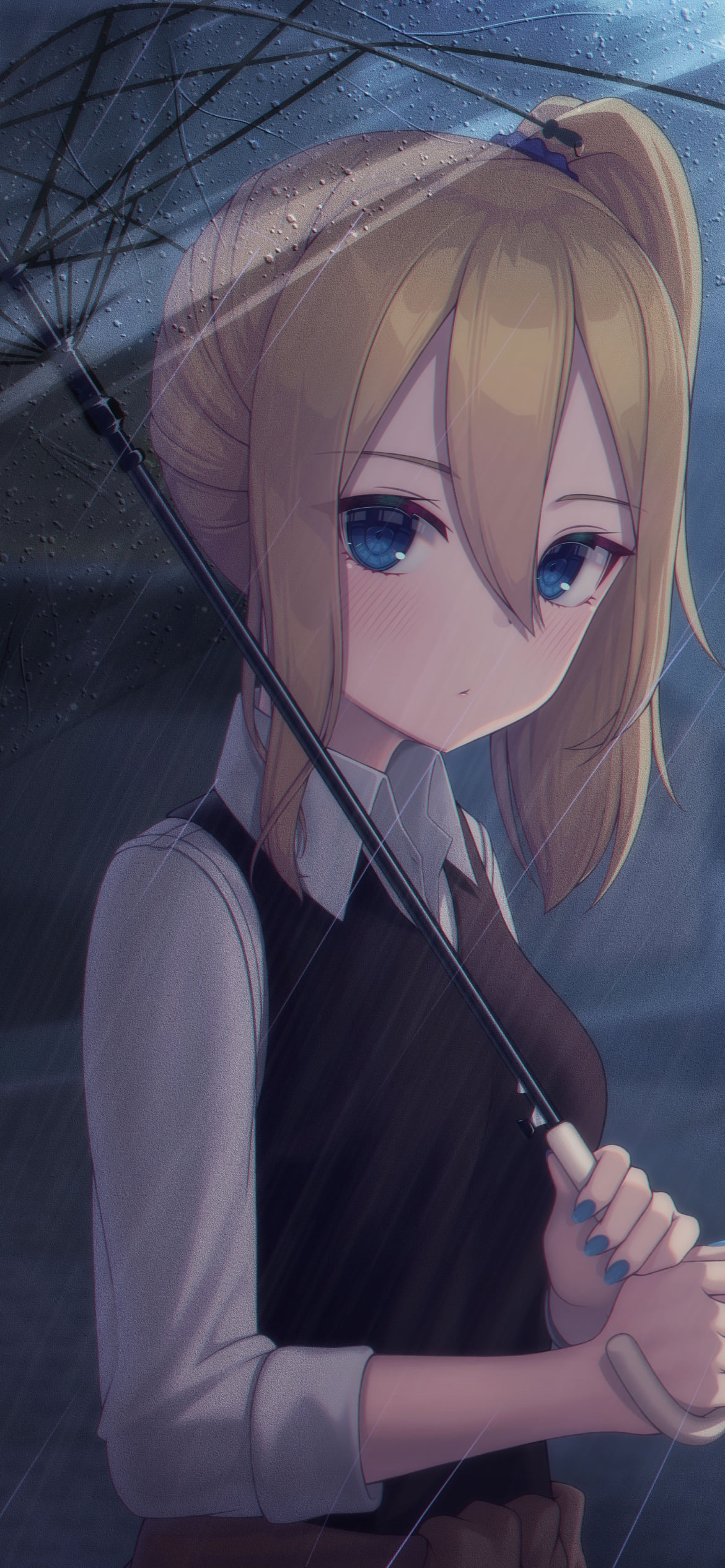 こちらを見つめるビニール傘をさした早坂愛 / 金髪 / かぐや様は告らせたい～天才たちの恋愛頭脳戦～の1170 x 2532 / スマホ壁紙