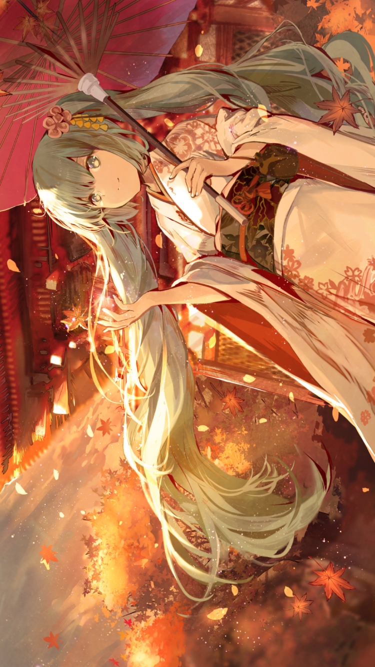 赤い和傘をさした着物を着た綺麗な初音ミク / 紅葉 / ボカロ / ボーカロイドの750 x 1334 / スマホ壁紙