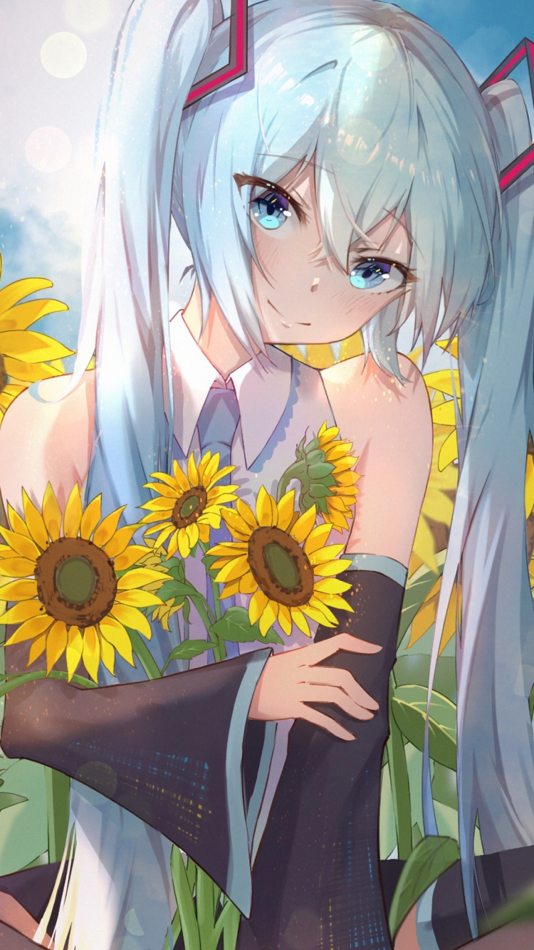 青空の下、向日葵を抱える初音ミク / ボカロ / ボーカロイドの750 x 1334 / スマホ壁紙