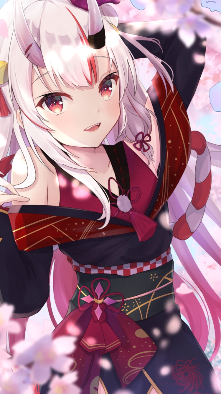 桜の花と微笑む百鬼あやめ / 鬼の角 / ホロライブ / バーチャルYouTuber / Vtuberの750 x 1334 / スマホ壁紙