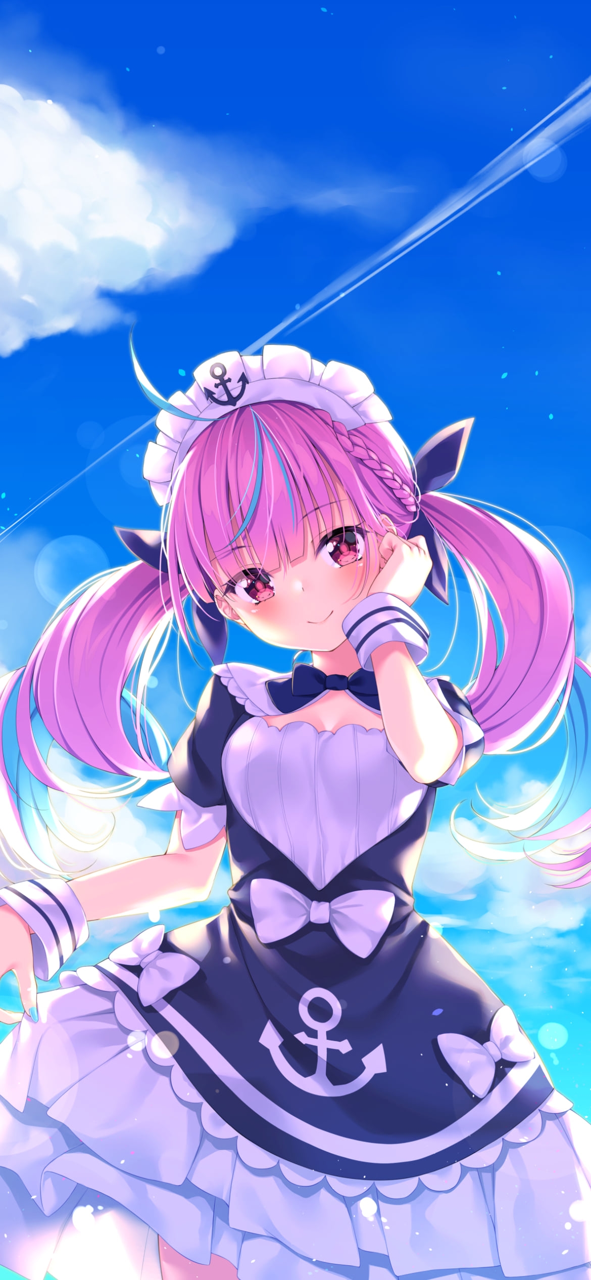 夏の海とめちゃくちゃ可愛い湊あくあ / 青空 / ホロライブ / バーチャルYouTuber / Vtuberの1170 x 2532 / スマホ壁紙