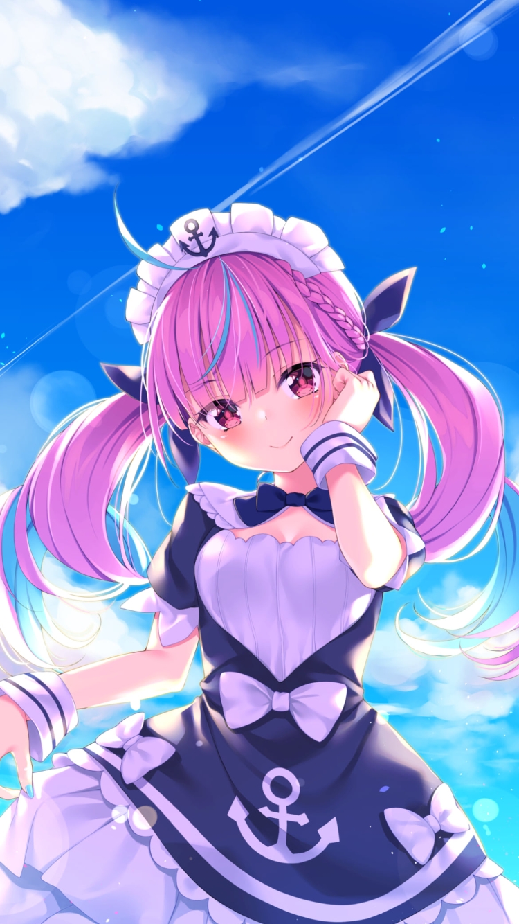 夏の海とめちゃくちゃ可愛い湊あくあ / 青空 / ホロライブ / バーチャルYouTuber / Vtuberの750 x 1334 / スマホ壁紙