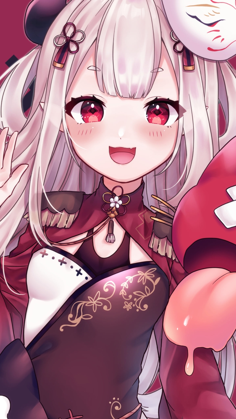 狐のお面を頭につけた奈羅花 (ならか) / にじさんじ / バーチャルYouTuber / Vtuberの750 x 1334 / スマホ壁紙