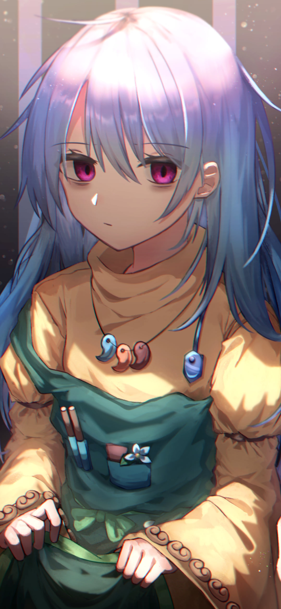 座ってこちらを見つめる埴安神袿姫 (はにやすしんけいき) / 東方の1170 x 2532 / スマホ壁紙