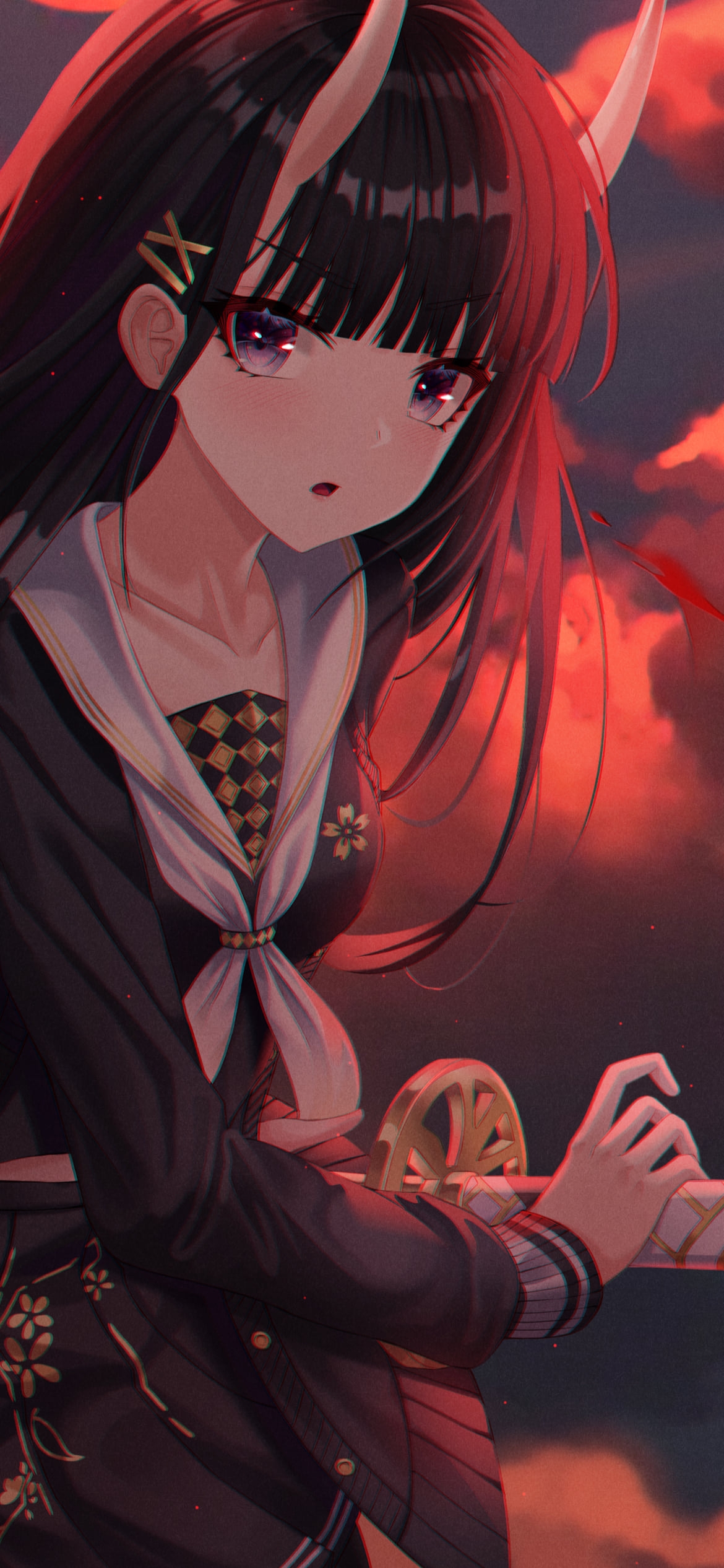 抜刀する能代 / 赤い月 / アズールレーンの1170 x 2532 / スマホ壁紙