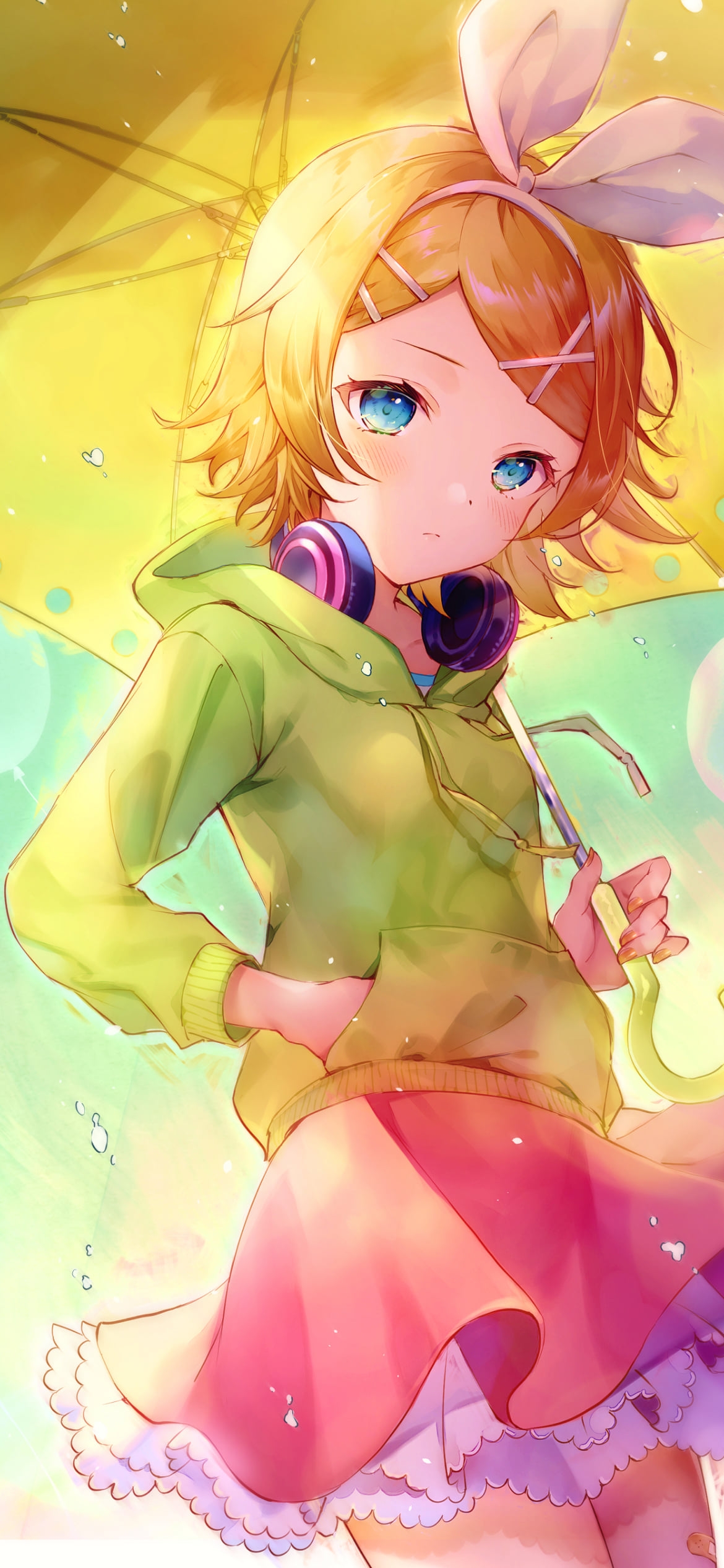 黄色い傘をさした可愛い鏡音リン / ボカロ / ボーカロイドの1170 x 2532 / スマホ壁紙
