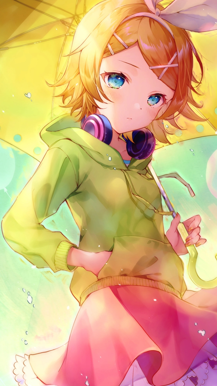 黄色い傘をさした可愛い鏡音リン / ボカロ / ボーカロイドの750 x 1334 / スマホ壁紙