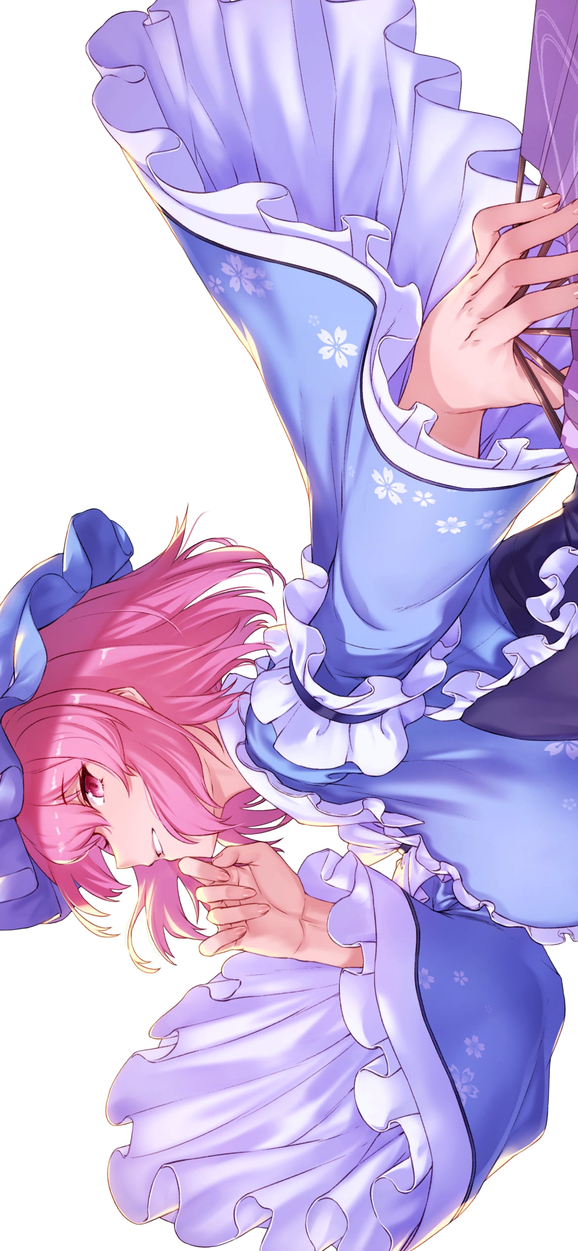 紫の扇子を持ち微笑む綺麗な西行寺幽々子（さいぎょうじ ゆゆこ） / 東方の1170 x 2532 / スマホ壁紙