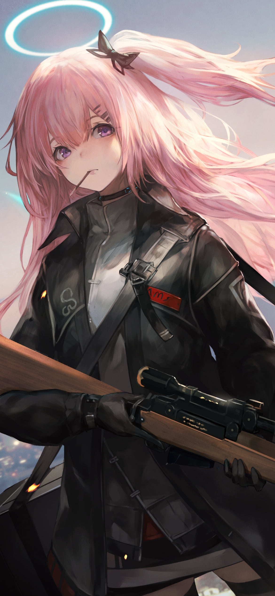 ビルの屋上でタバコを咥えるアンブリエル / アークナイツの1170 x 2532 / スマホ壁紙
