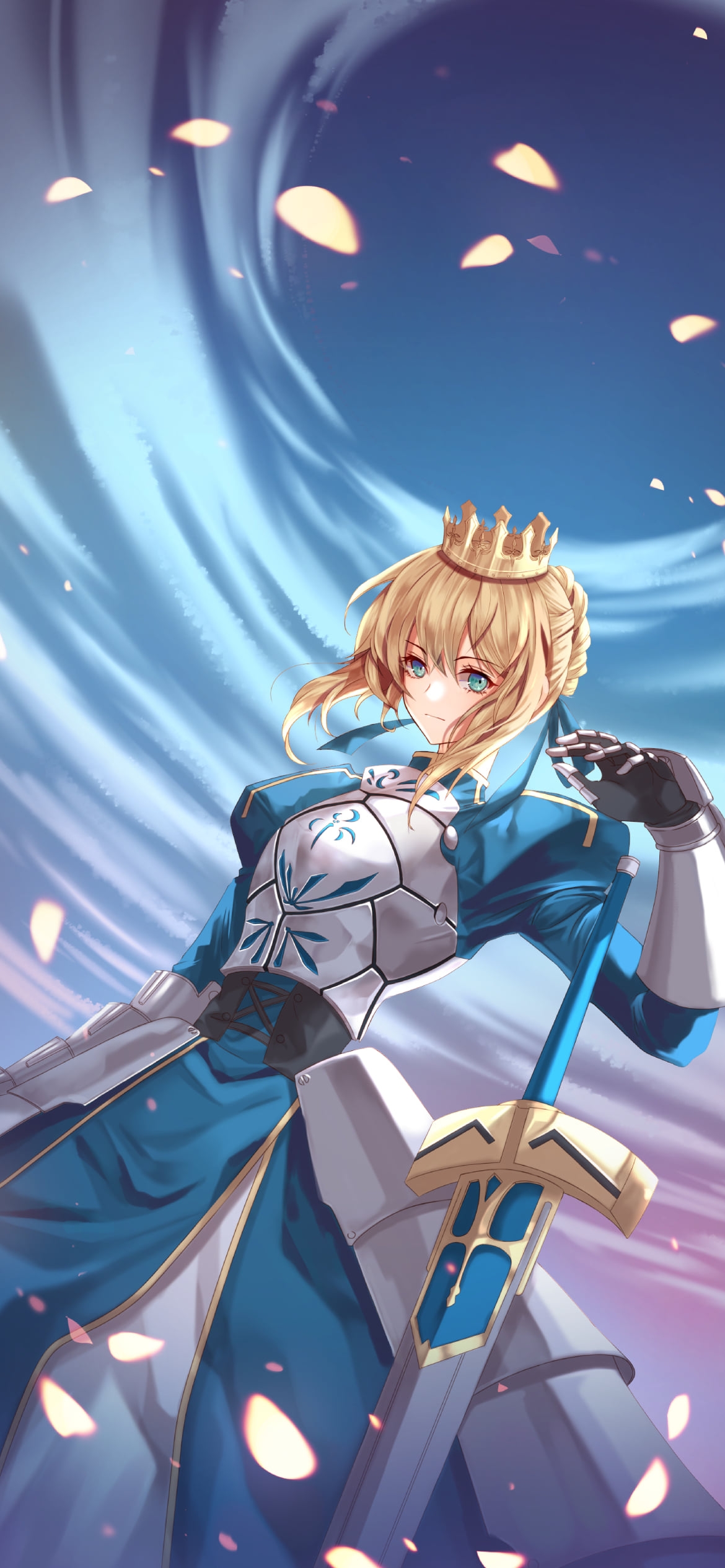 光る花びらと青い剣とセイバー / アルトリア・ペンドラゴン / fate/grand orderの1170 x 2532 / スマホ壁紙