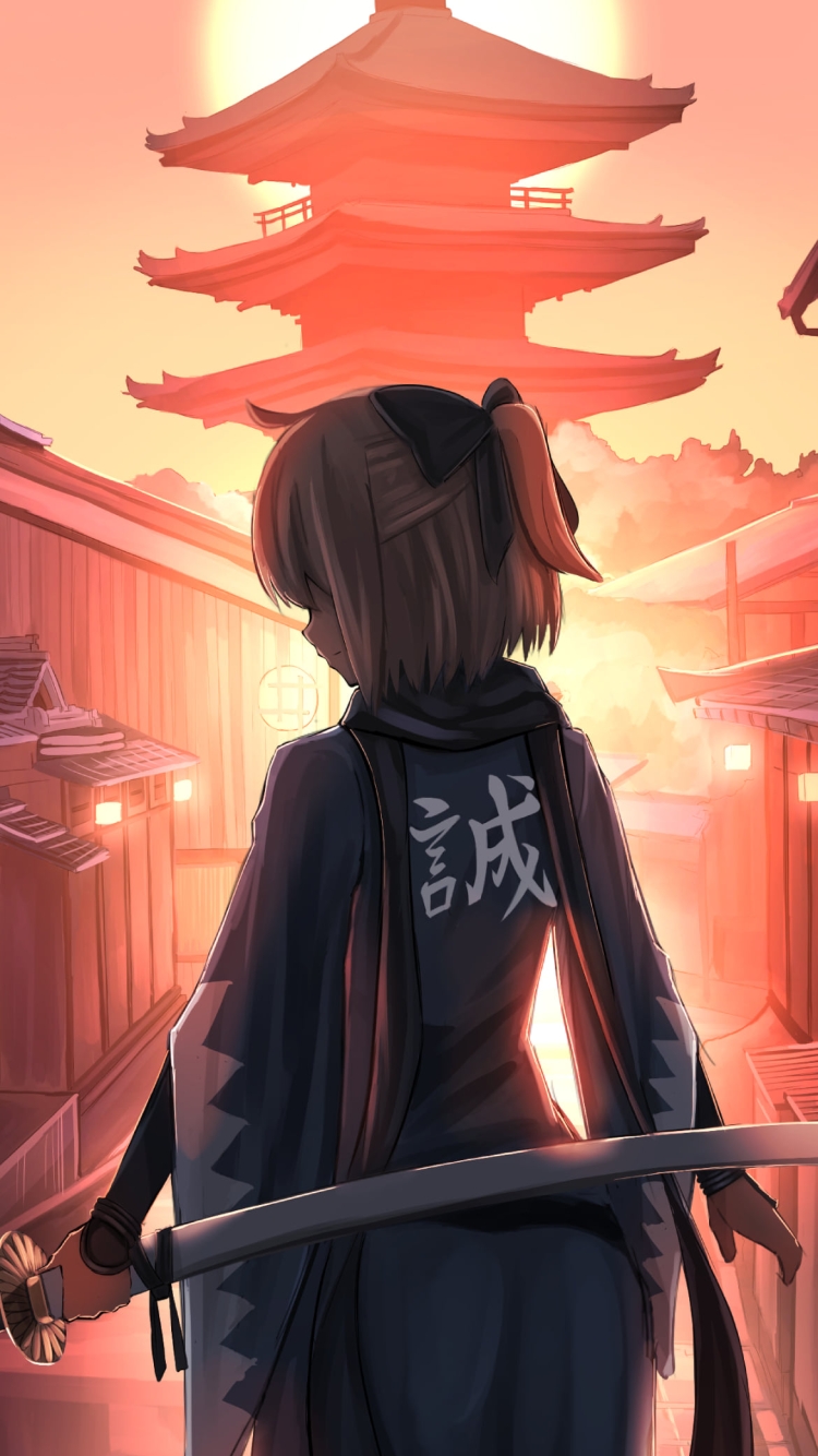 刀を持つ沖田総司の後ろ姿 / 夕陽 / 五重塔 / 新選組 / fate/grand orderの750 x 1334 / スマホ壁紙
