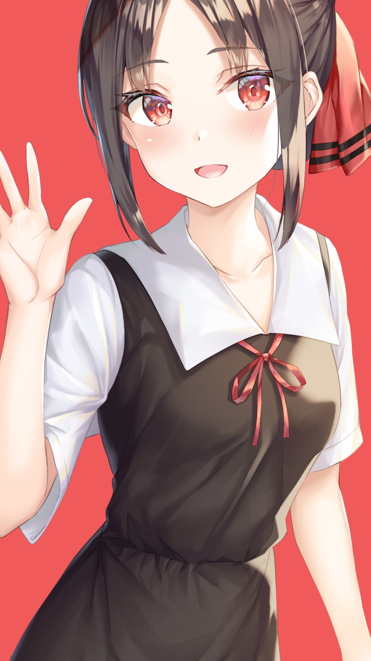 右手をかざし笑顔で挨拶をする四宮かぐや / 赤いリボン / かぐや様は告らせたい~天才たちの恋愛頭脳戦~の750 x 1334 / スマホ壁紙