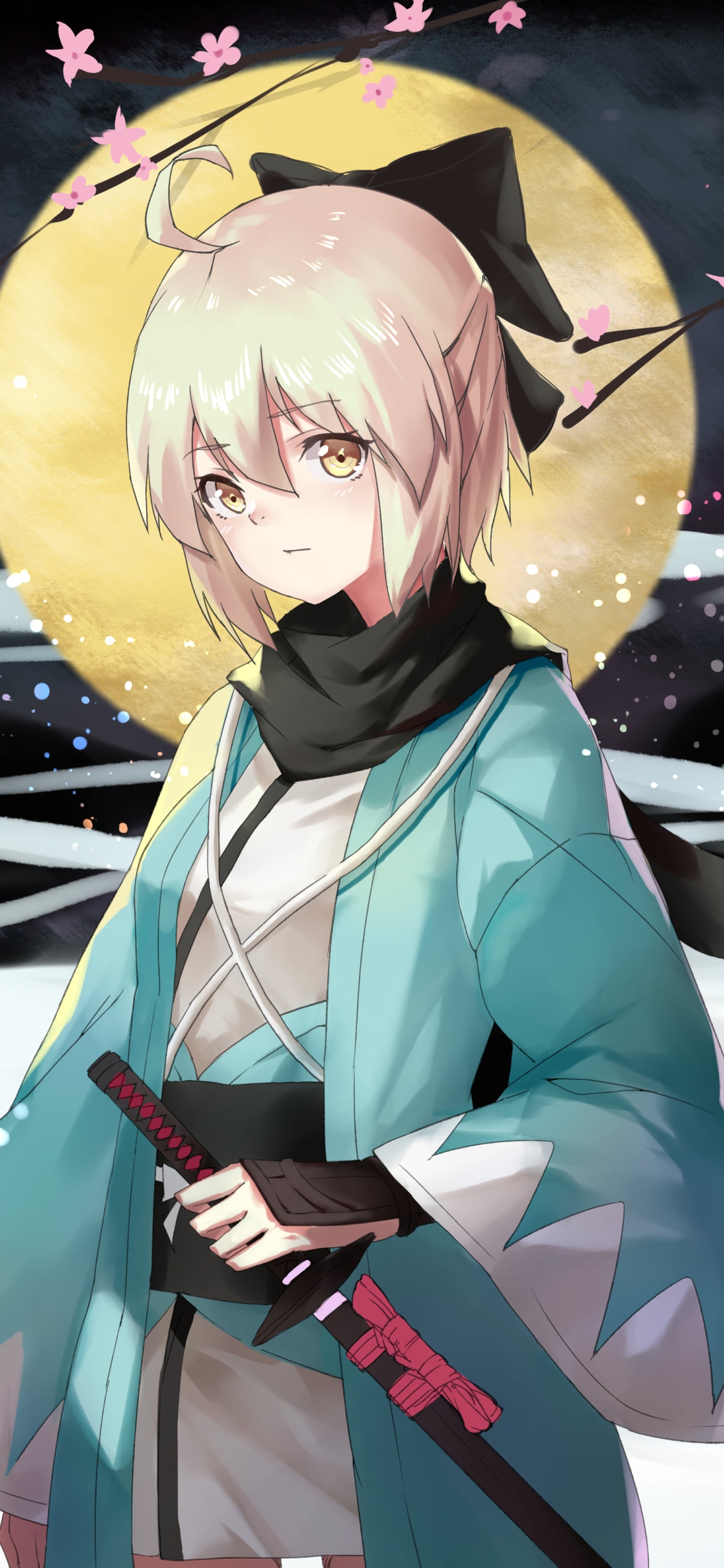 満月と黒い刀を持つ沖田総司 / fate/grand orderの1170 x 2532 / スマホ壁紙