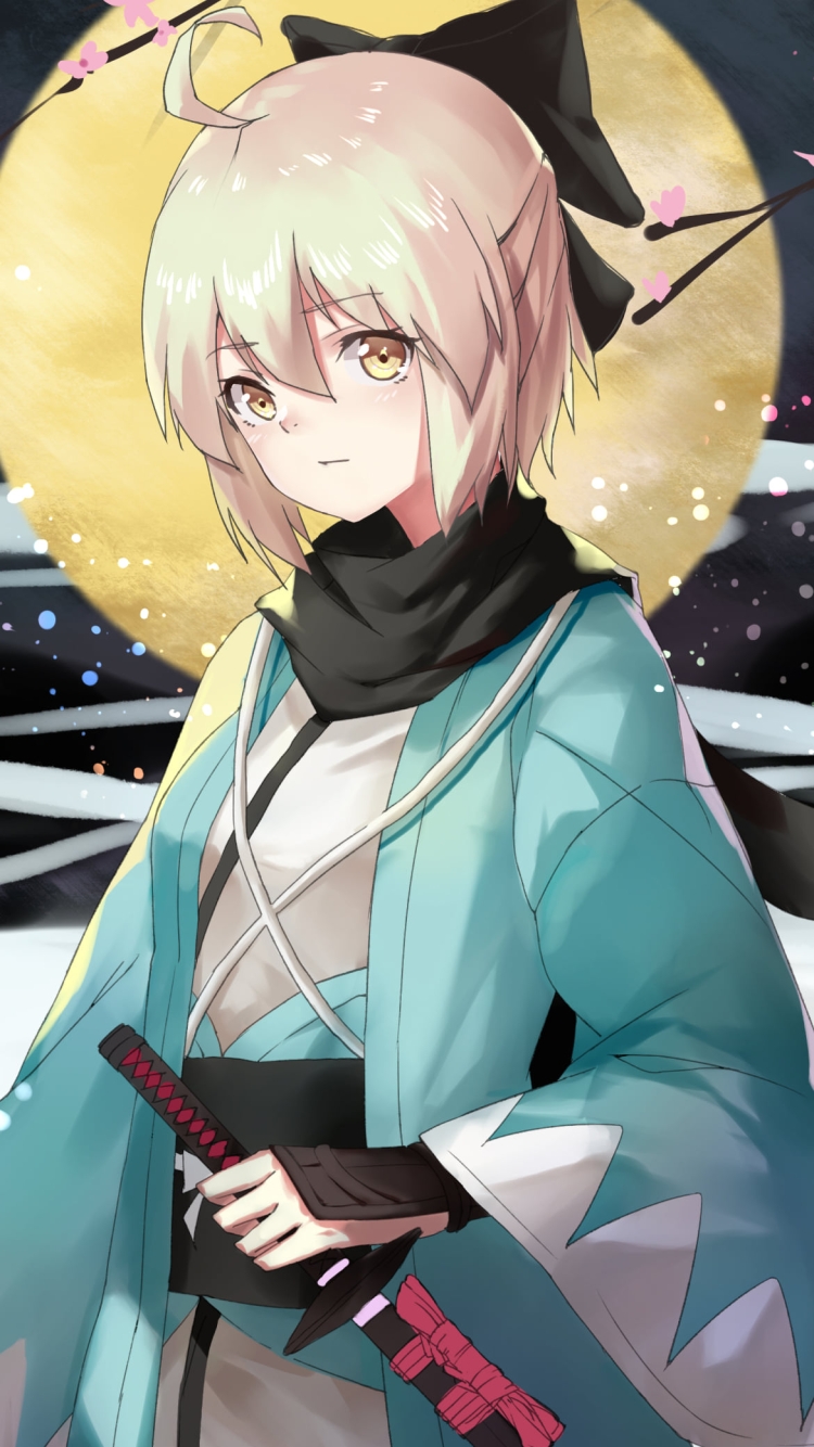 満月と黒い刀を持つ沖田総司 / fate/grand orderの750 x 1334 / スマホ壁紙