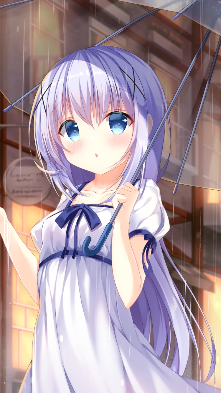 ビニール傘をさしながら雨に手をかざす香風智乃 / ご注文はうさぎですか?の750 x 1334 / スマホ壁紙