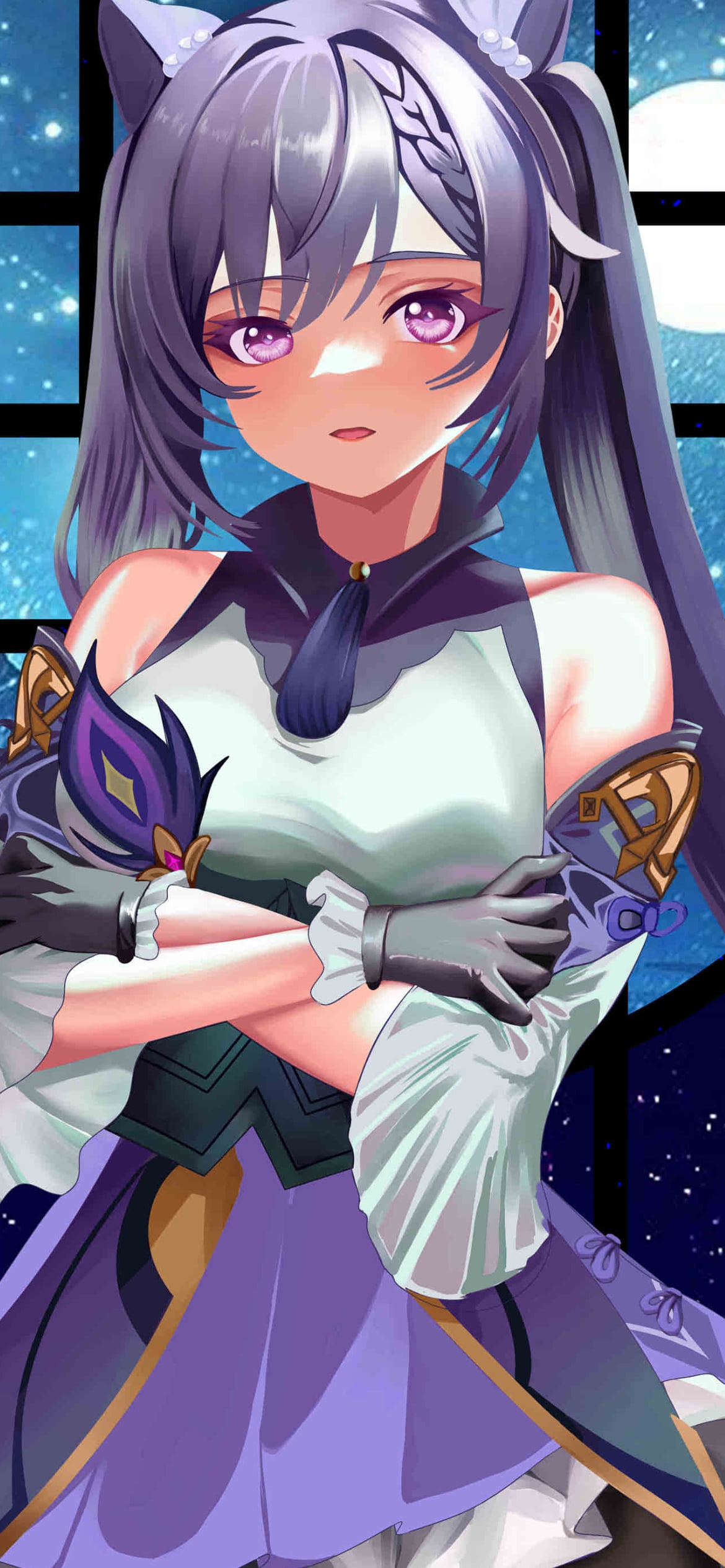 腕を組む綺麗な刻晴 / 満月 / 夜 / 原神の1170 x 2532 / スマホ壁紙