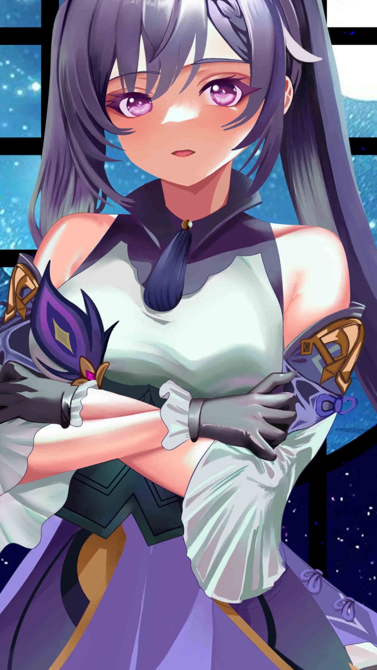 腕を組む綺麗な刻晴 / 満月 / 夜 / 原神の750 x 1334 / スマホ壁紙